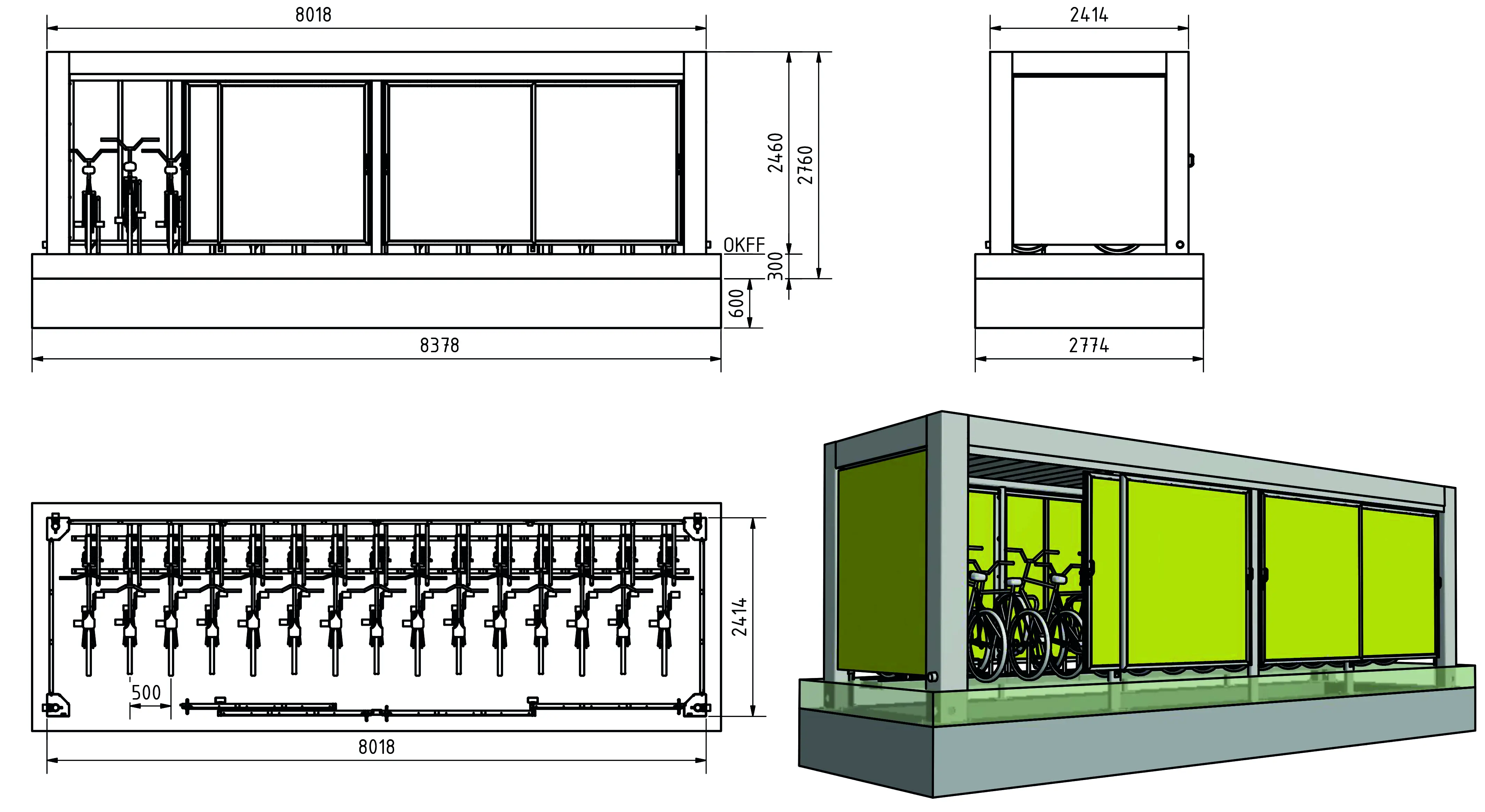 KUBUS 241 Konfiguration 2414×8018mm – 15 Stellplätze mit Basic Plus 50 Fahrradständern